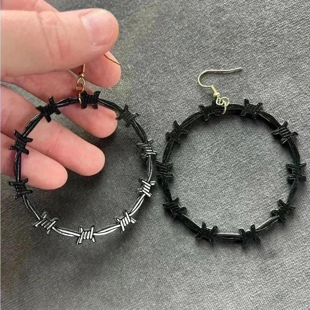 NEW Acrylic Barbed Wire Earrings Hoops black dangle